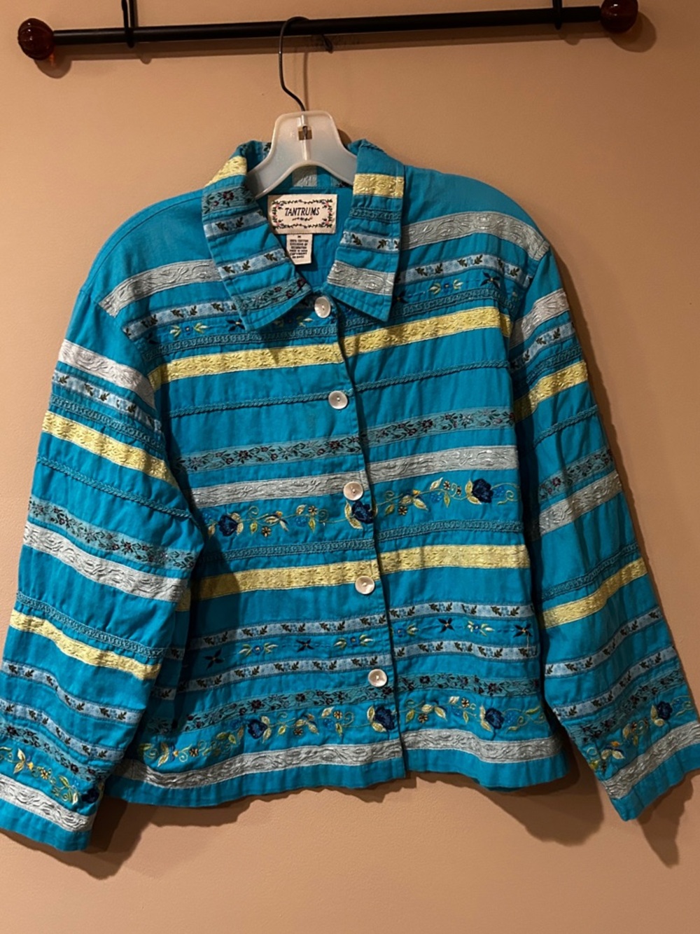 Tantrums Turquoise Striped Embroidered Jean Jacket
